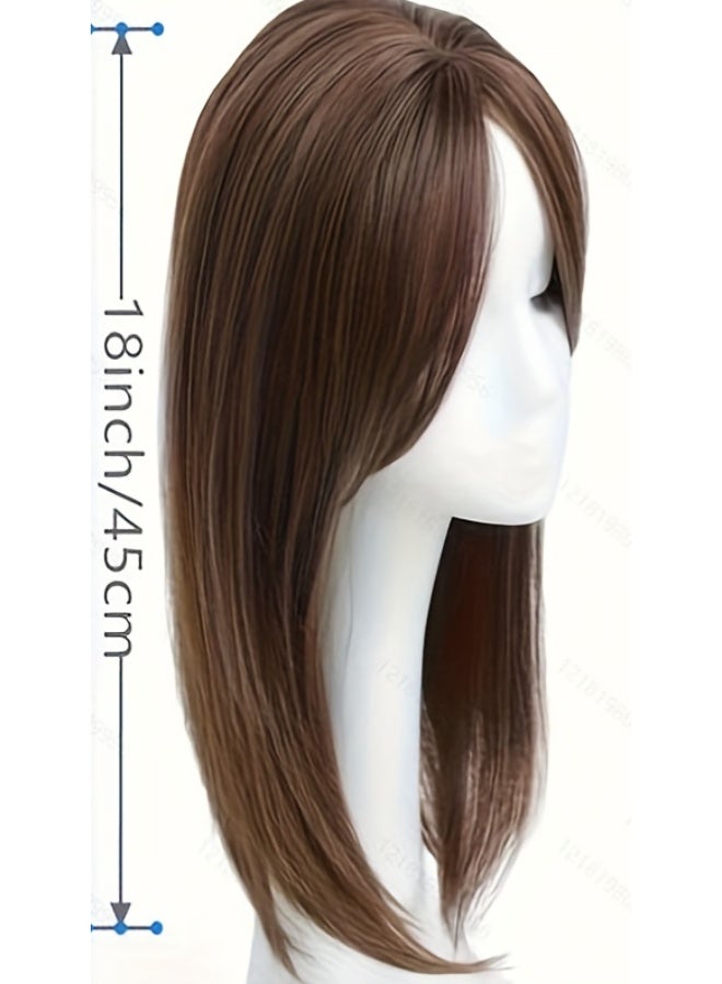 خاجول قطعة واحدة وصلات شعر بنية، وصلات شعر صناعية بطول 18 إنش مع قبعة قابلة للتعديل، وصلات شعر مشبكة و شعر مستعار بني للنساء، شعر صناعي/مستقيم لإضافة الحجم، والارتداء اليومي، والحفلات والكوزبلاي، بني مع لمسات ذهبية - Image 2